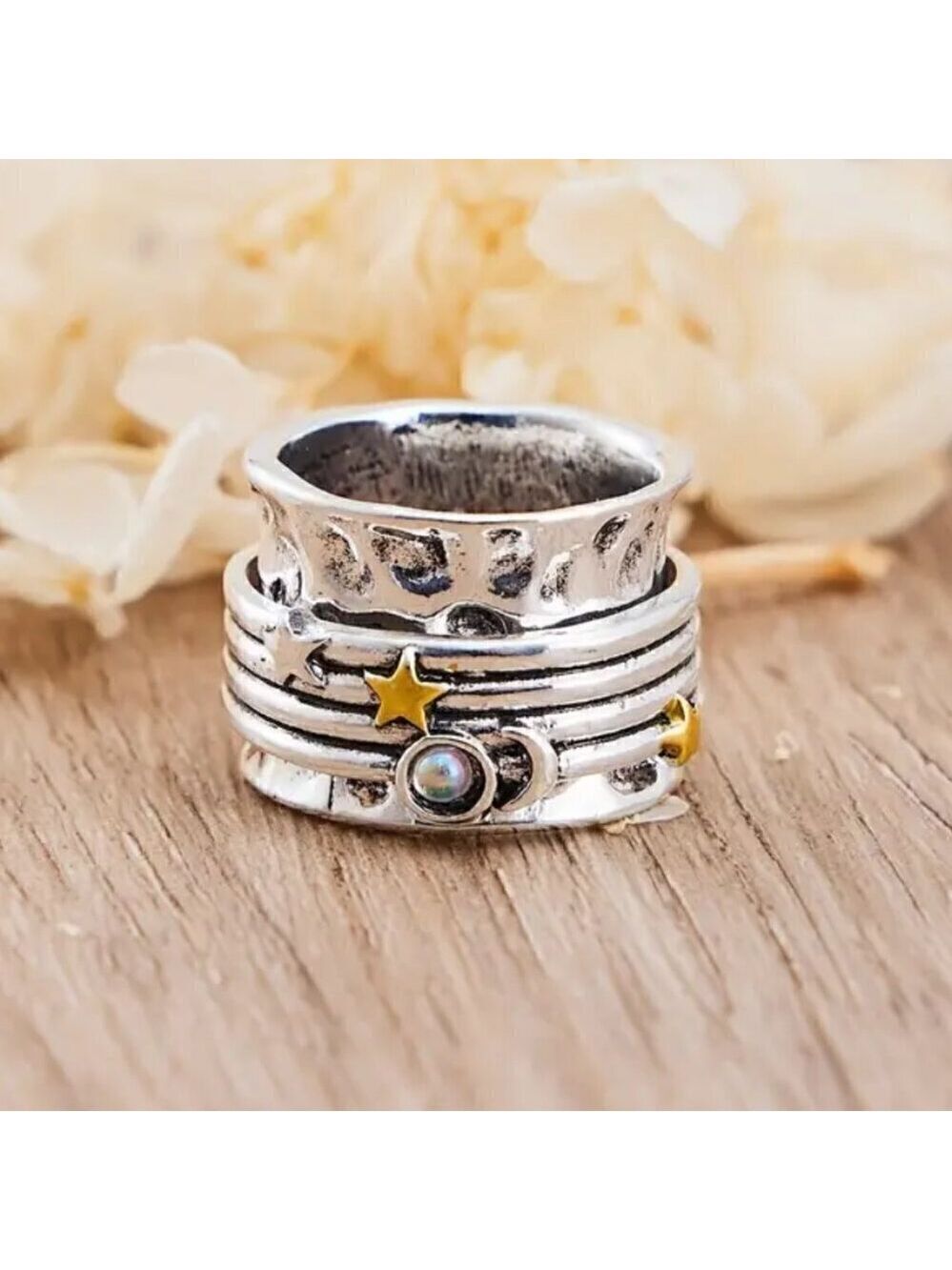 Sun, Star and Moon Boho Spinner Fidget Ring #1359